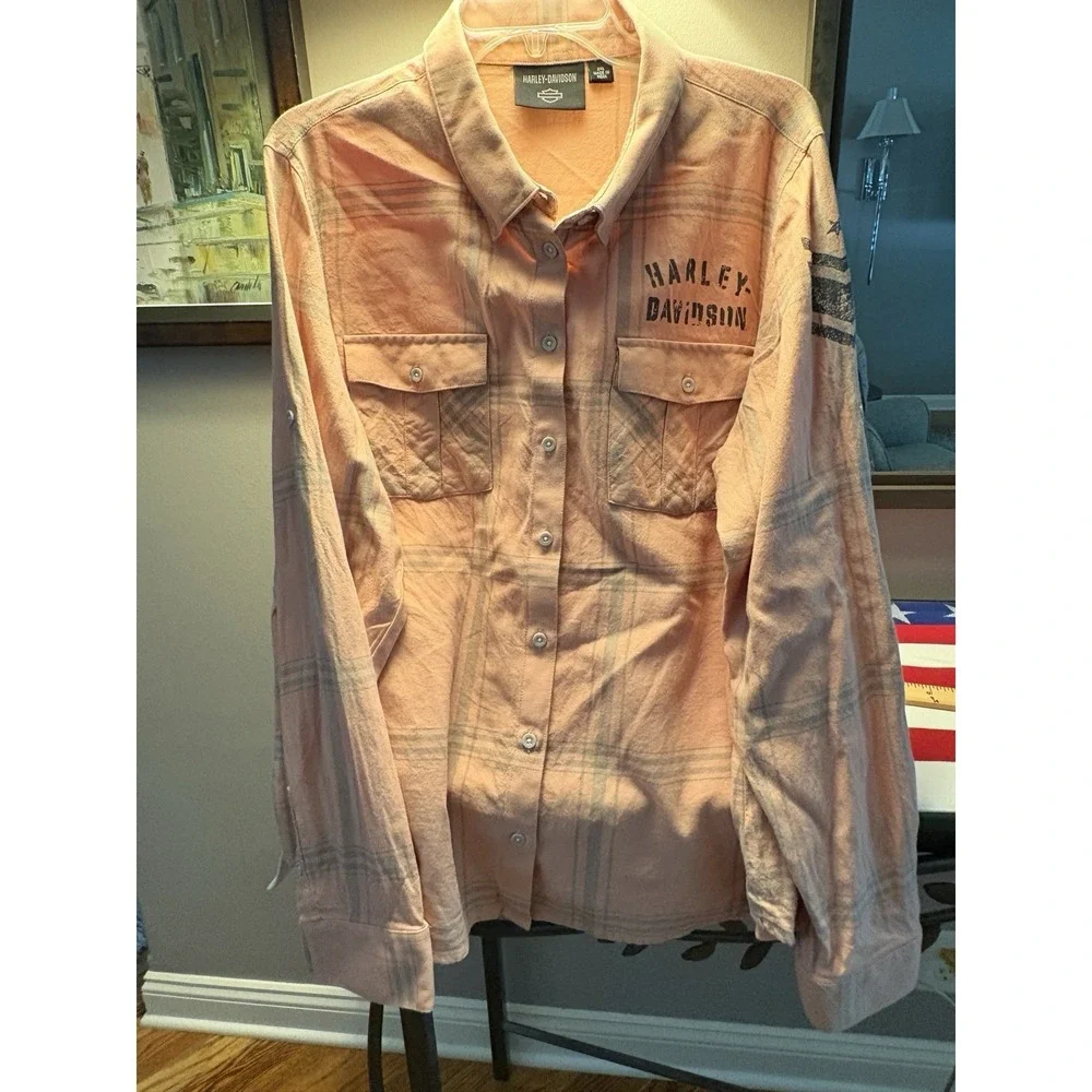 Harley Davidson flannel biker shirt outdoor plaid spring salmon orange women 2XL - Picture 7 of 15